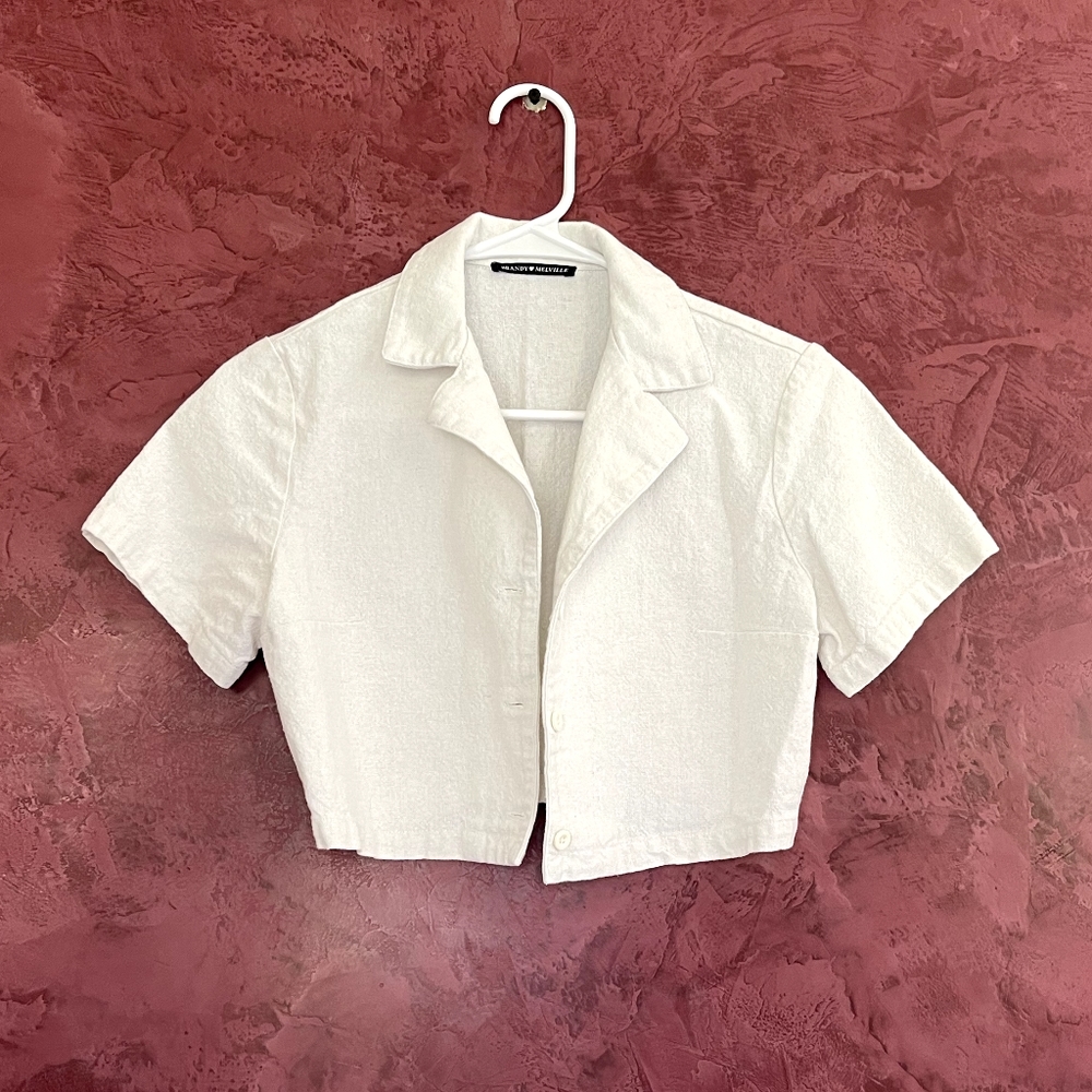 Brandy Melville Girls White Button-up Cropped Polo Short Sleeve